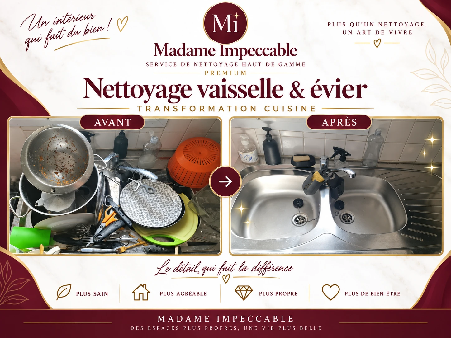 Montage avant après du nettoyage de la vaisselle et de l'évier de cuisine par Madame Impeccable