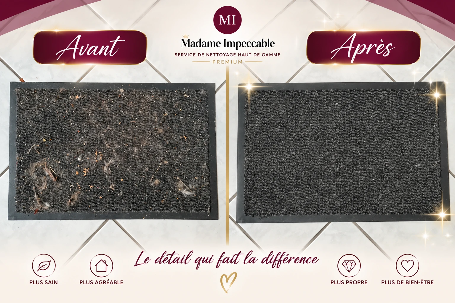 Montage avant après d'un tapis d'entrée nettoyé par Madame Impeccable