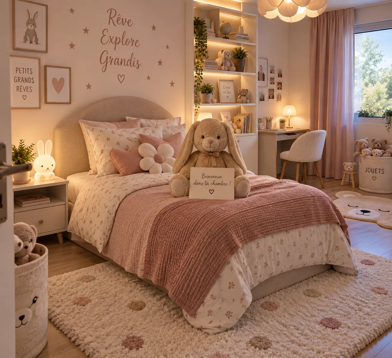 Chambre d'enfant rangée avec peluche posée sur le lit